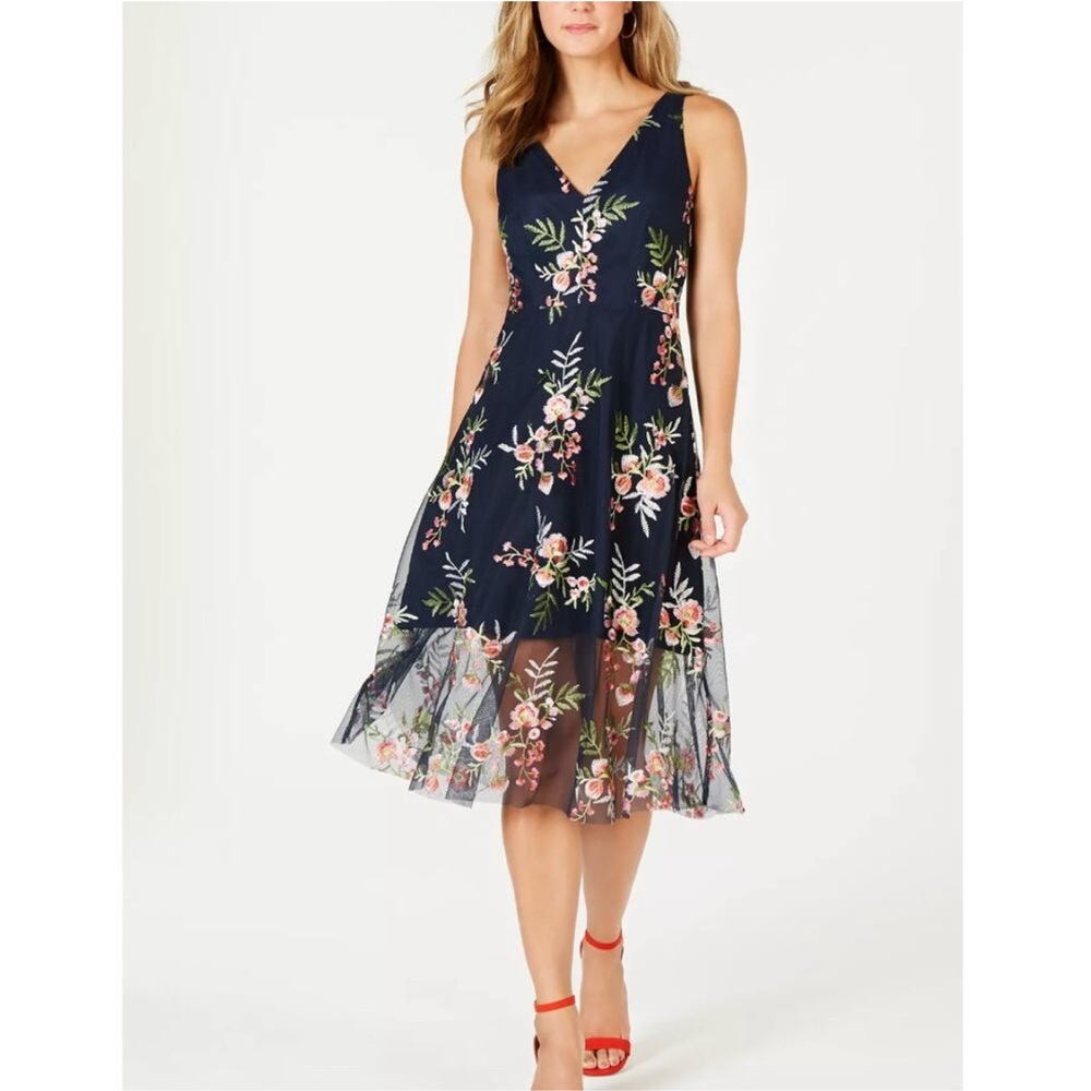 Vince Camuto Navy Floral Midi Dress